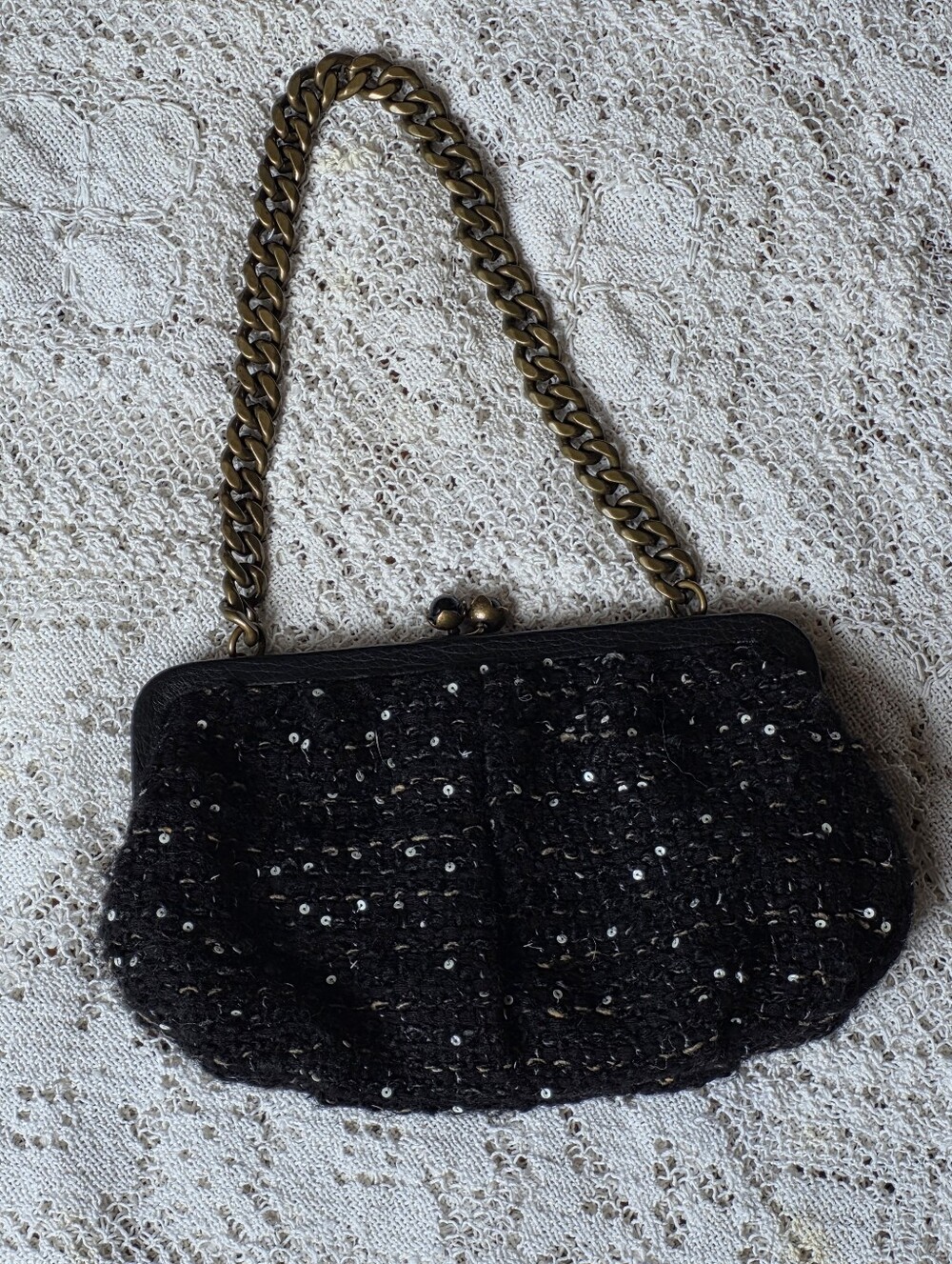 J CREW Black Knit Evening Clutch Kisslock Purse with Brass Chain